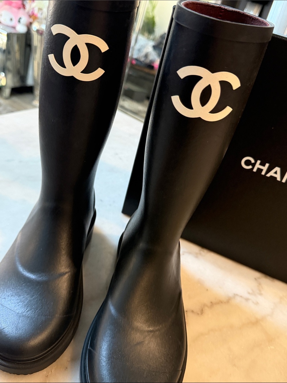 CHANEL Black Rain Boots with White CC Logo